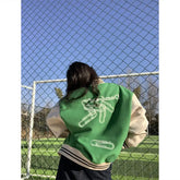 WomenLetter Embroidery Baseball Jacket Block Vintage Harajuku Spring Oversized V-Neck Streetwear Coat